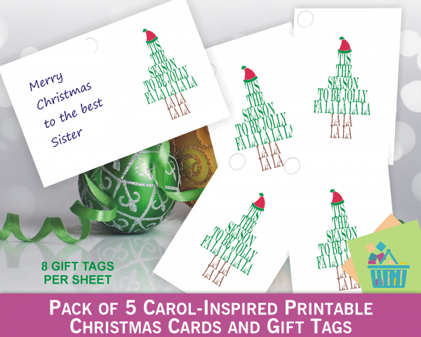 Pack of 5 Carol-inspired Printable Christmas Cards and Gift Tags