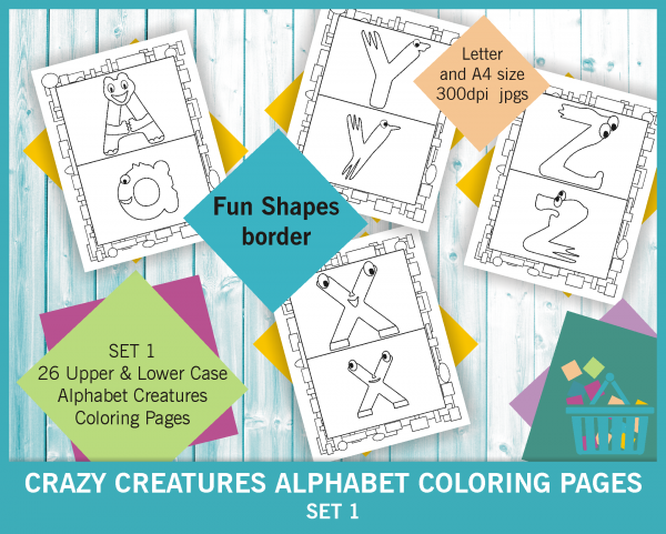 Crazy creatures animal alphabet coloring sheets - fun shapes border