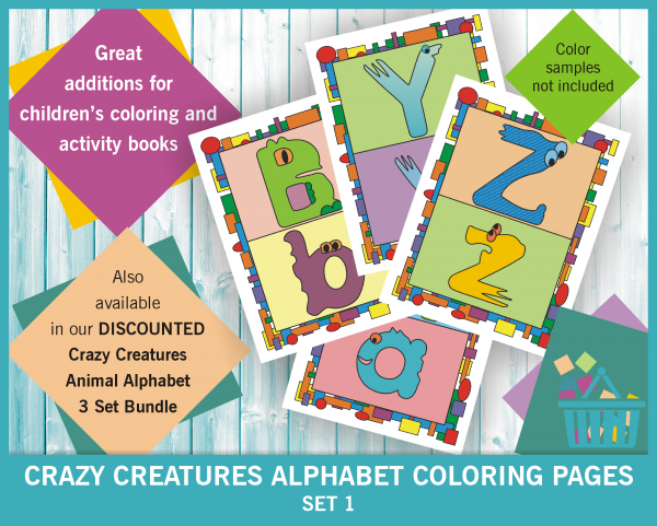 Crazy creatures animal alphabet coloring sheets - fun shapes border