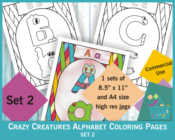 Crazy creatures animal alphabet coloring sheets - simple stripes background