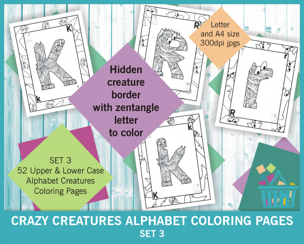 Crazy creatures animal alphabet coloring sheets - zentangle letters